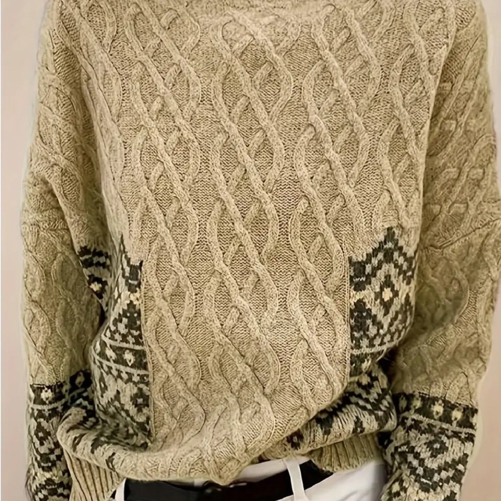 Cable Knit Sweater with Geometric Accents